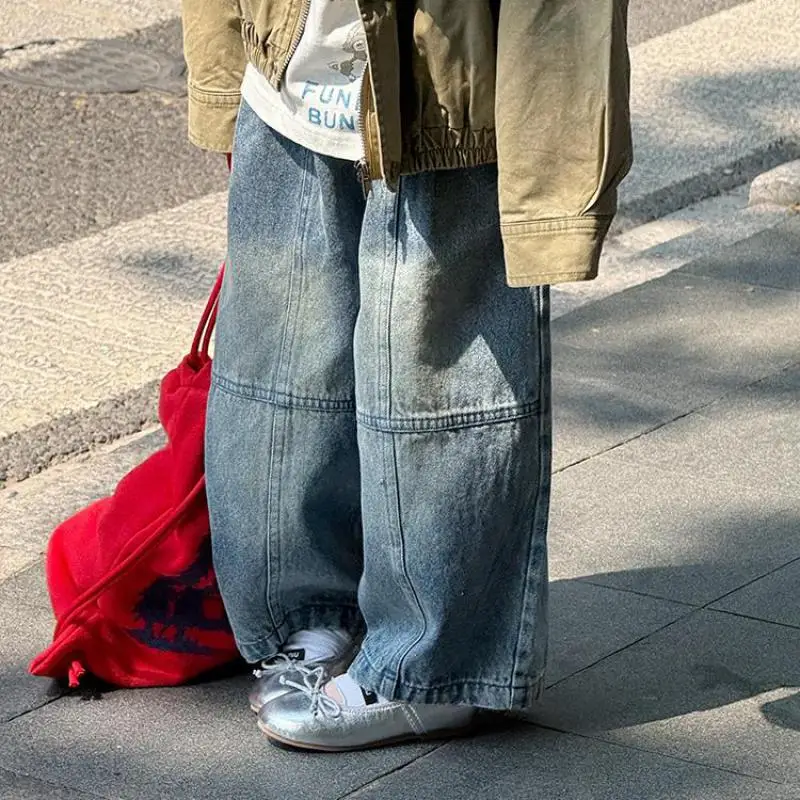 

Новинка осени 2024, детские джинсовые брюки, модные повседневные брюки для девочек, универсальные джинсы для мальчиков, детские свободные шаровары, одежда для малышей