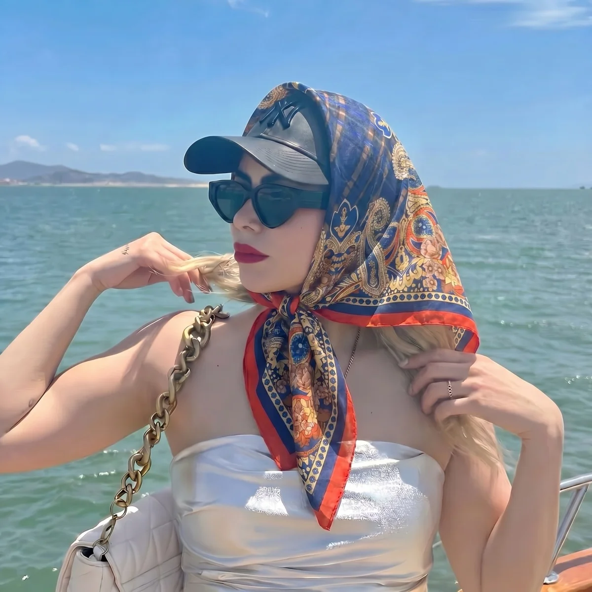 90cm New Silk Shawl Square Scarf For Women Print Headband Foulard Satin Hijab Hair Bands Neckerchief Female Head Wraps Bandana - view 3