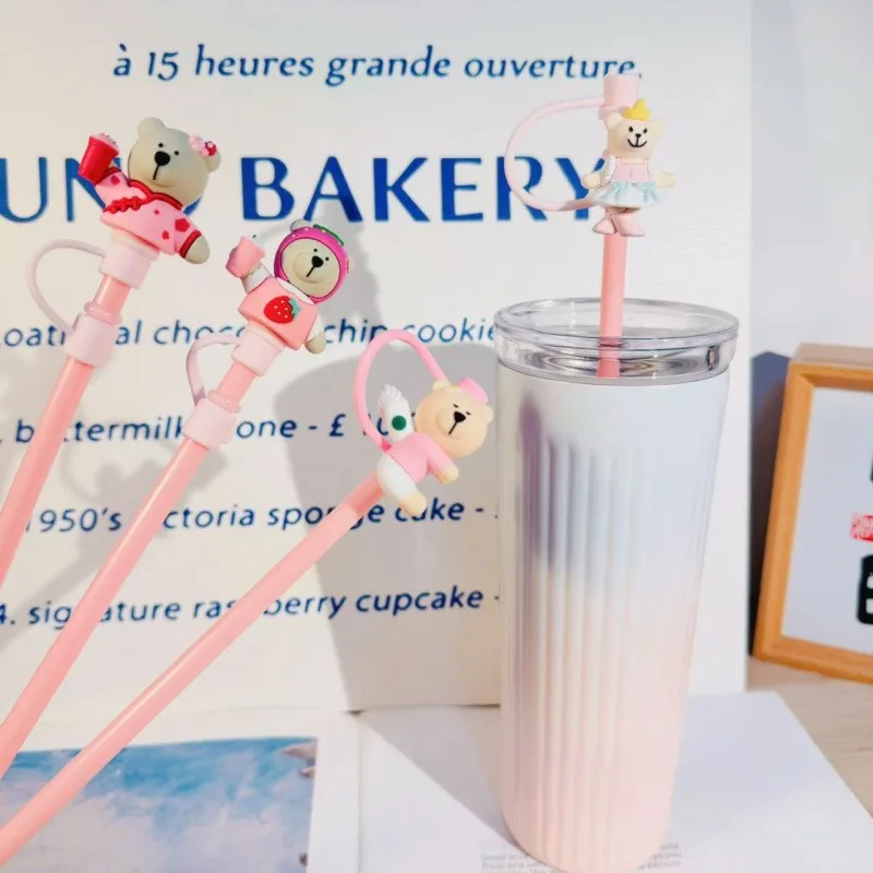 لطيف الوردي الدب سيليكون غطاء تغليف من القش مناسبة ل Starbucks 7-8 مللي متر القش مقاومة للحرارة الغبار القش التوصيل كأس الملحقات #2