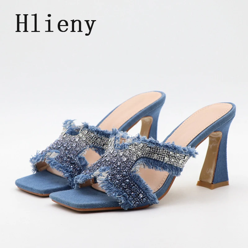 Hlieny Summer Street Style Denim Crystal Square Toe Slippers Woman Fashion High Heels Slides Ladies Sandals Party Shoes Size 42