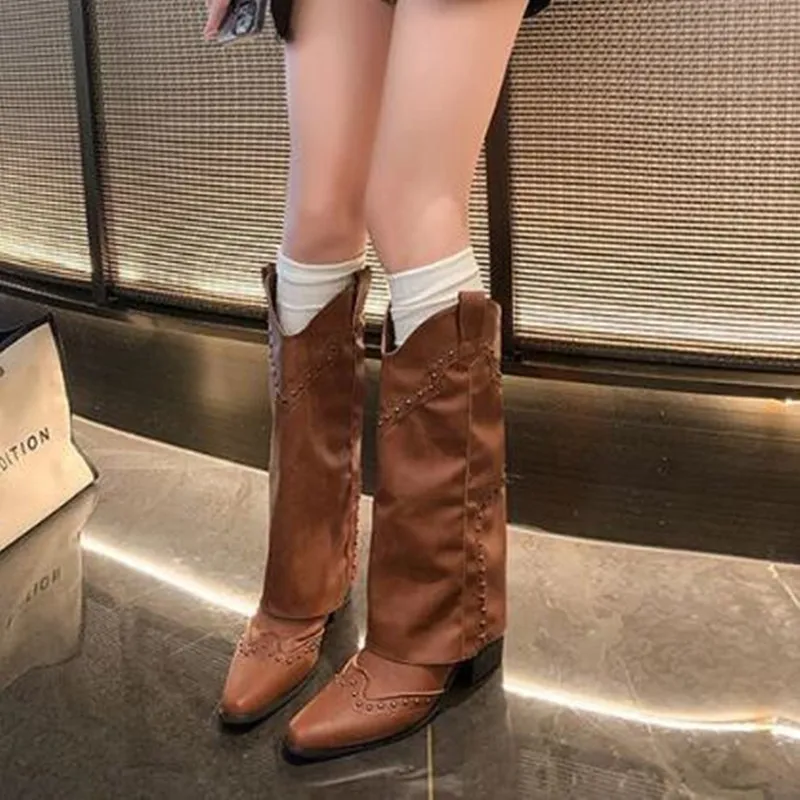 2025 Women Square Heel Cowboy Boots Western Short Leather Knee High Luxury Designer Gothic Punk Rock Shoes Vintage Studded Boot