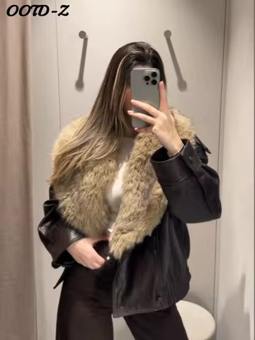 Stylish Fur Patchwork Leather Jacket Women Detachable Collar Double Breasted Waist Closed Coat 2025 Autumn Winter Lady Outwear