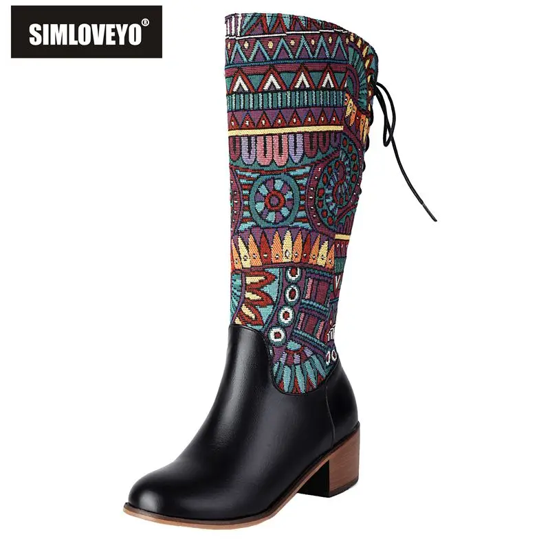 SIMLOVEYO 2024 Design Women Knee Boots Round Toe Block Heels 4.5cm Mixed Color Print Big Size 45 46 Fashion Booties