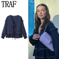 TRAF Ruffle Bow  Tops Women Top Spring Summer 2024 Blue V-Neck Lantern Long Sleeve Top Chic And Elegant Blouse New In Blouse