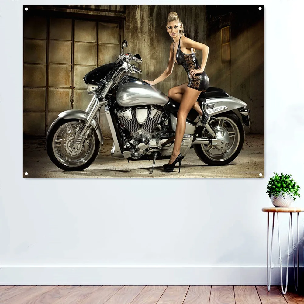 

Sexy Motorcycle Model Poster Print Art Painting Wall Decor Tapestry Banner Wall Hanging Flag Great Gift for Motorcycle Lovers