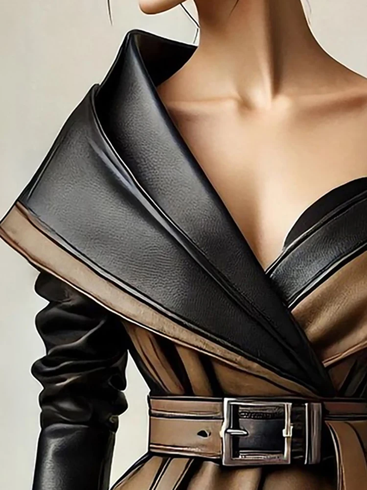 

Women’s PU Faux Leather Jacket One Shoulder Splice Irregular Hem Long Sleeve Leather Coat With Belt Casual Vintage Y2K Outerwea