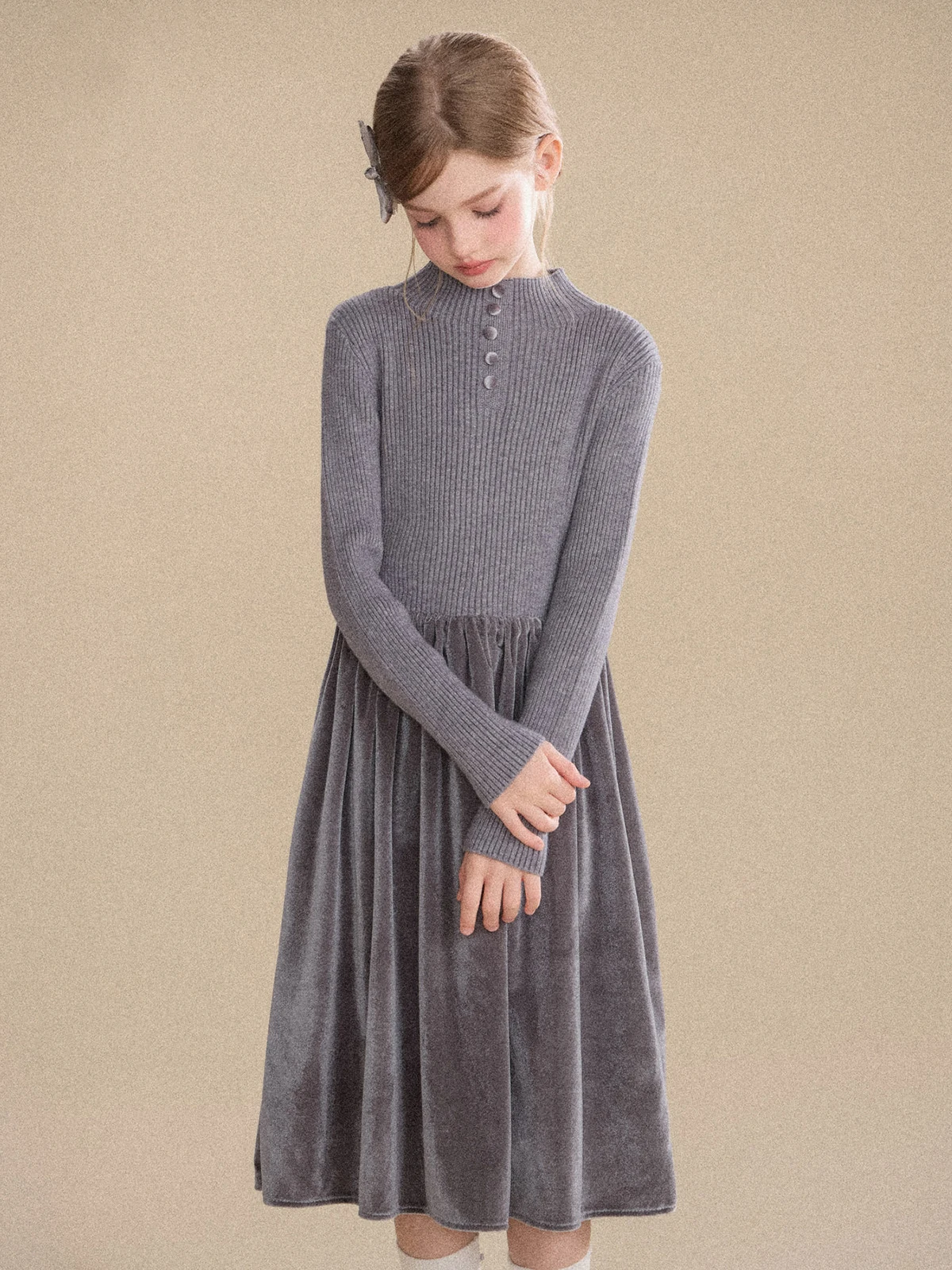 Girls Knit Velvet Dress – Fleece Lined Mock Neck Dress for Fall Winter, Warm Party Outfit for Toddler Kids