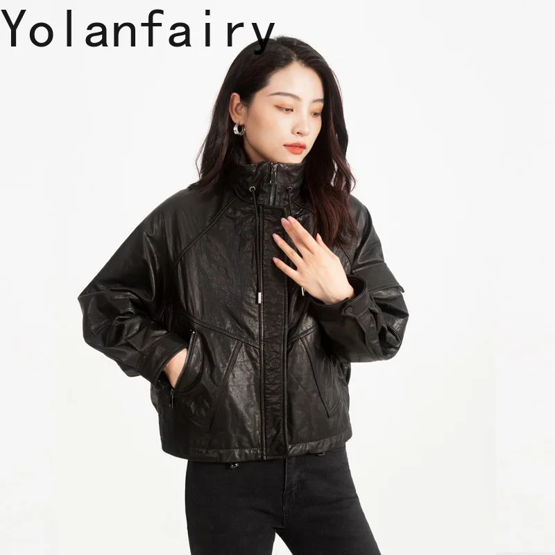 YOLANFAIRY Leather Jackets Women Genuine Leather Sheepskin Outwears Loose Spring Summer Short Motorcycle Jacket Slim Coats New
