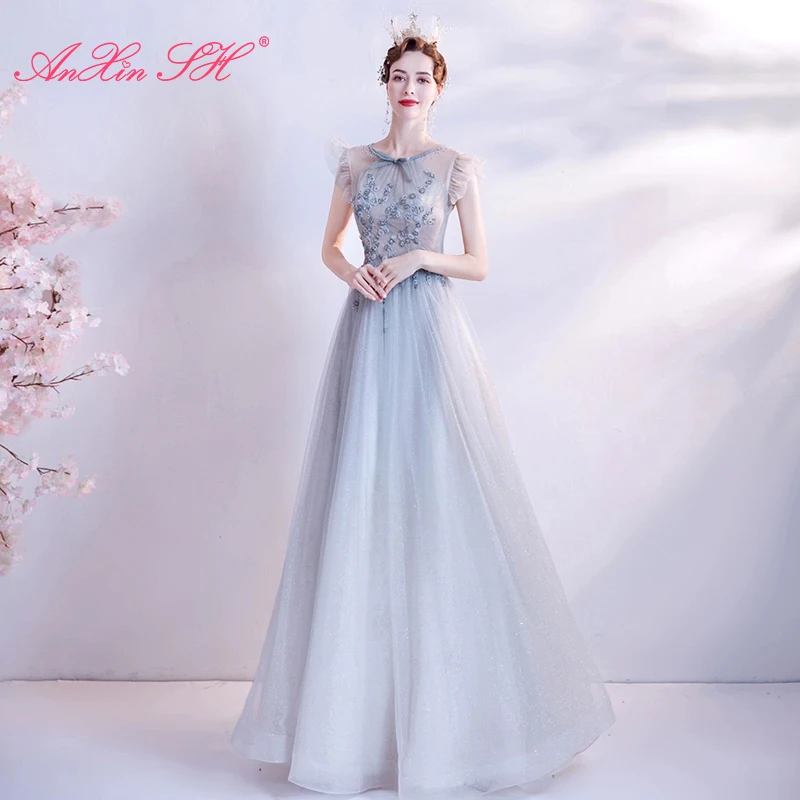 

AnXin SH princess light blue lace party vintage o neck little bow beading crystal flower ruffles host bride evening dress 17200