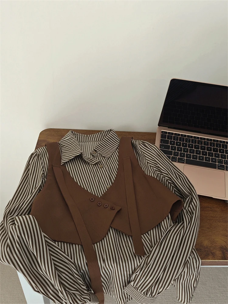 Vintage Striped Blouses Women Crop Top Patchwork Lapel Collar Elegant Korean Office Lady Single Breasted Shirts Autumn Winter