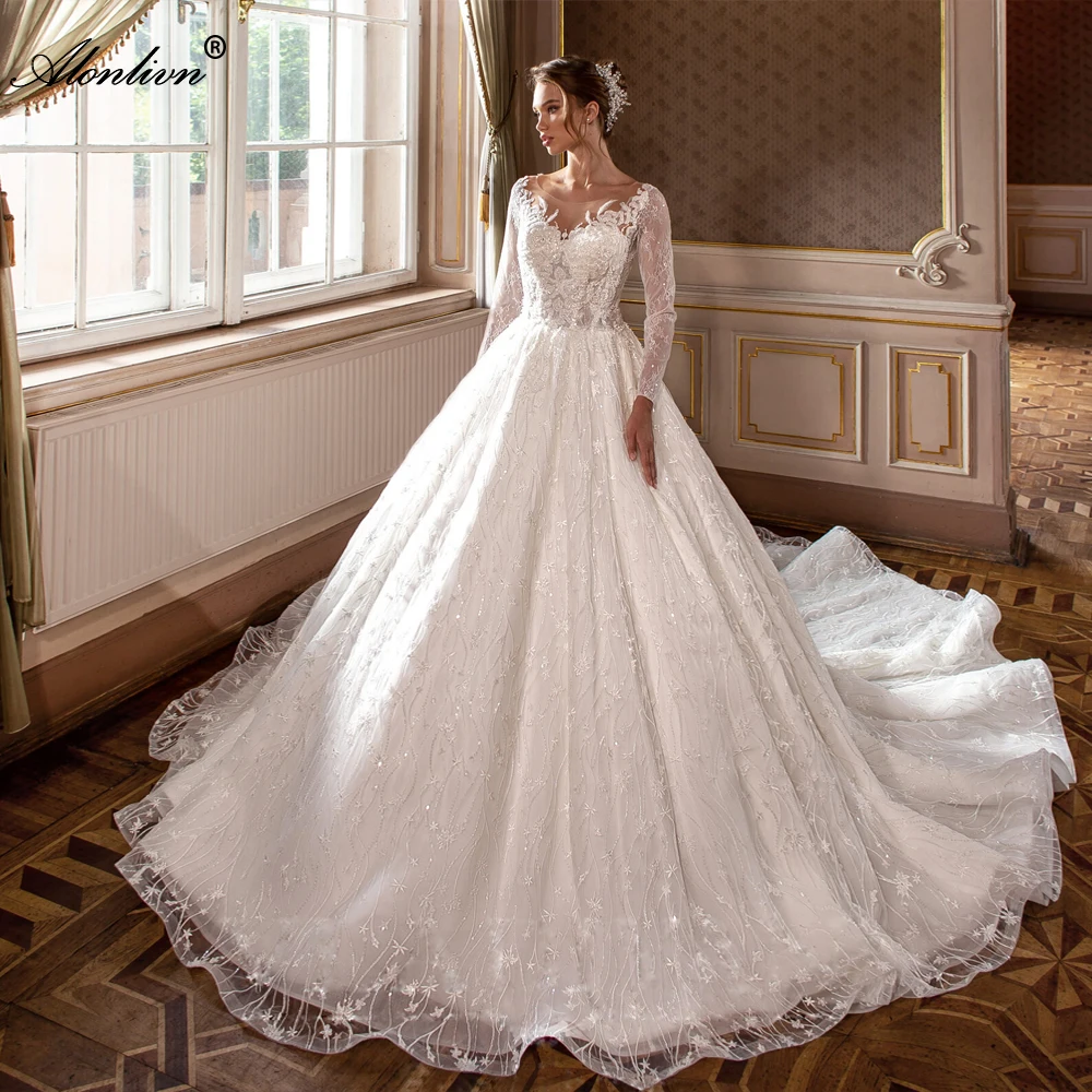 Alonlivn Full Sleeves O-neck A-Line Wedding Dresses Charming Beading Embroidery Lace Court Train Elegant Bridal Gowns