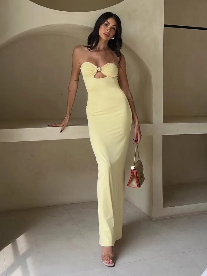 Sexy Strandkleid für den Urlaub, einfarbiges, plissiertes, rundes, trägerloses, ärmelloses Kleid, Frühling/Sommer Damenbekleidung – Detail 4