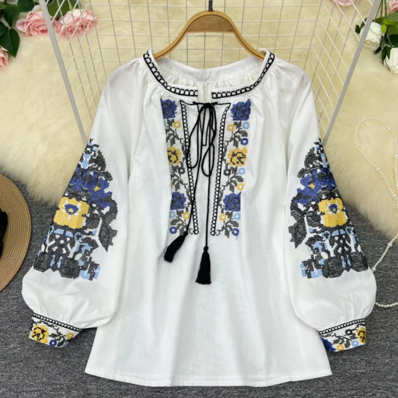 

Ethnic Floral Embroidery Boho Loose Blouses Shirts For Women Tops Vintage Lantern Long Sleeve Spring Summer Cotton Blouse blusas