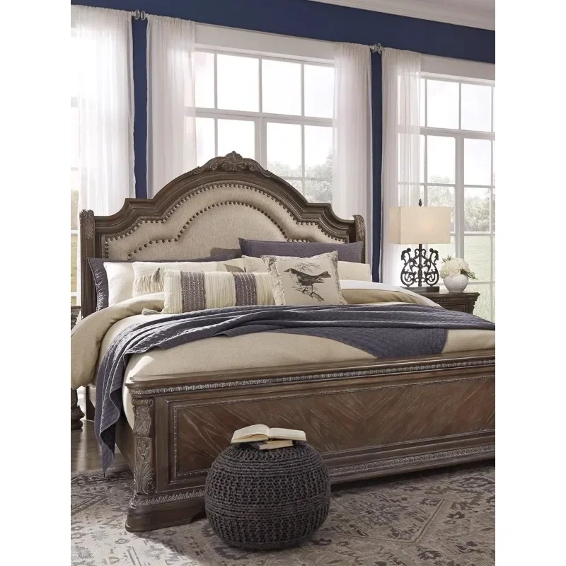 

Light luxury solid wood carving flower retro fabric bed European villa high PC and console game sleeping princess bed