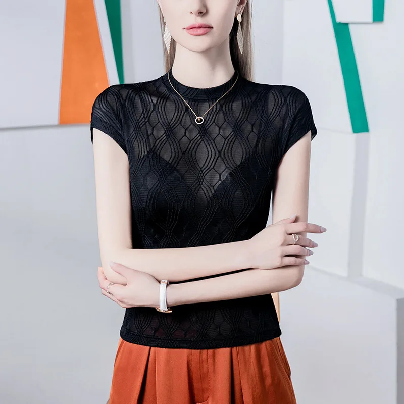 Boweylun Jacquard Lace Standing Neck T-Shirt Women Short Sleeve Wrap Sleeve Women's Black Sexy Top