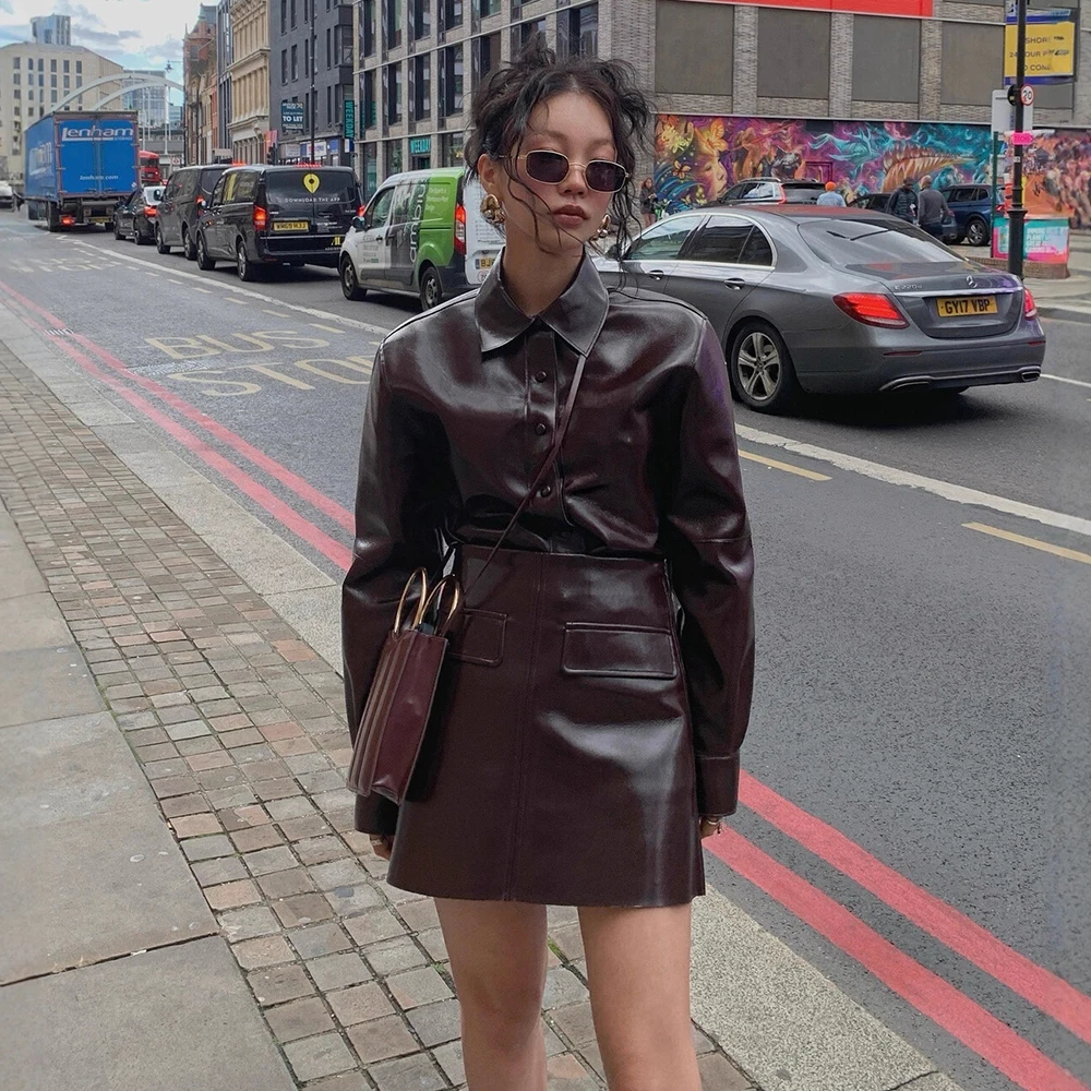 Jaqueta feminina de couro pu, tendência da moda de rua alta, conjunto de 2 peças, lapela de peito único, casaco feminino fino com saia de cintura alta