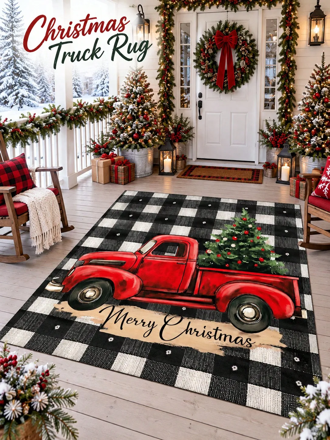 Christmas Rug Pickup Truck Tree Checks Living Room Bedroom Lounge Hallway Floor Carpet Gift for Mom Dad Sisters Friends Winter Thanksgiving Birthday Anniversary Housewarming Apartment Cottage Home Styling Sofa Side Reading Nook Holiday Gathering