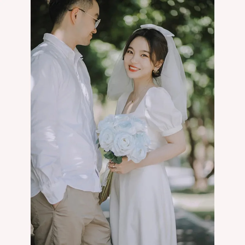 

French Light Wedding Dress White Dress Satin Simple Lively Location Photography Lawn Wedding Engagement Small Dress Female