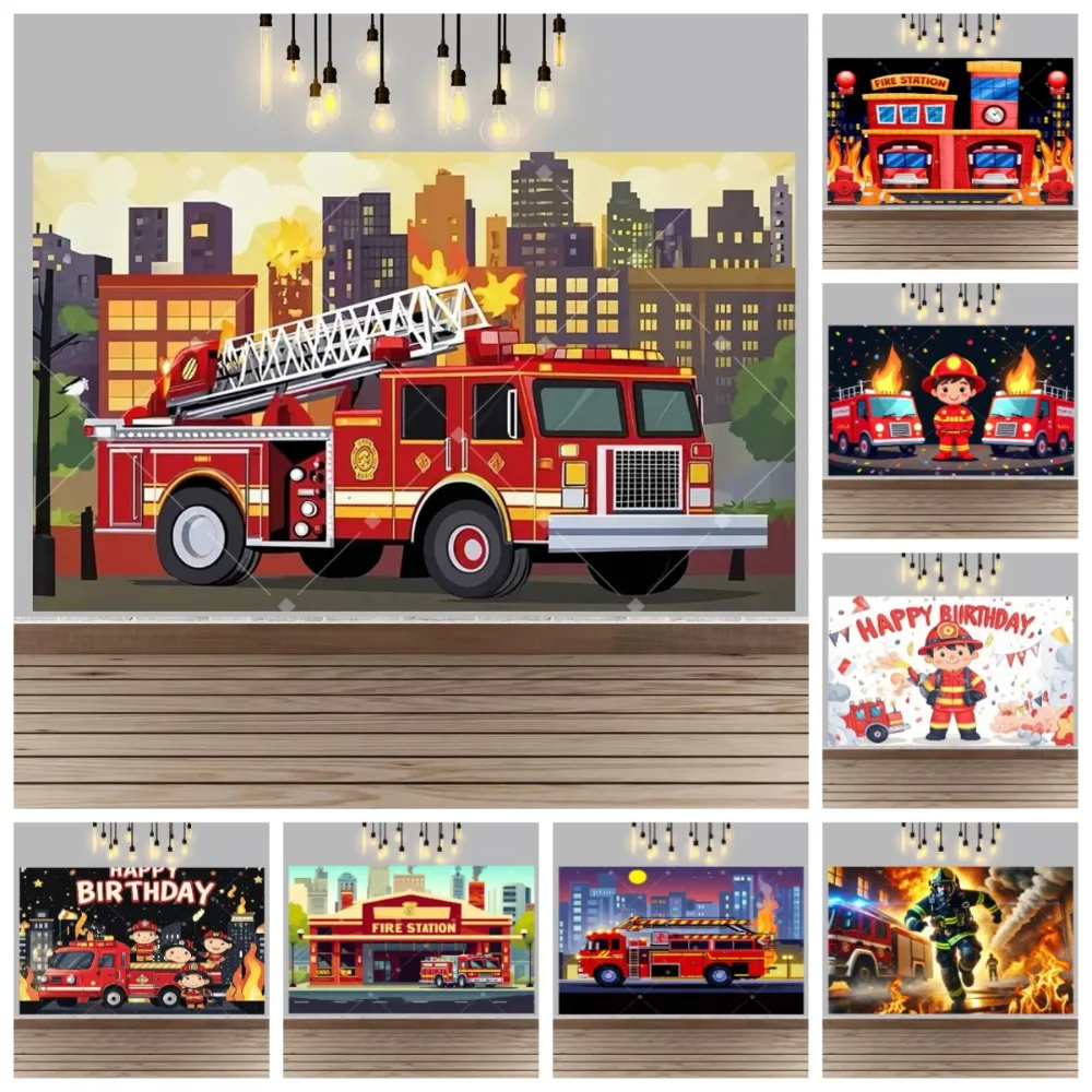 

Firefighters, Fire Rescue Theme Party Banner Backdrop Cloth, Children and Adults Birthday Party Decoration Photography Backdrop