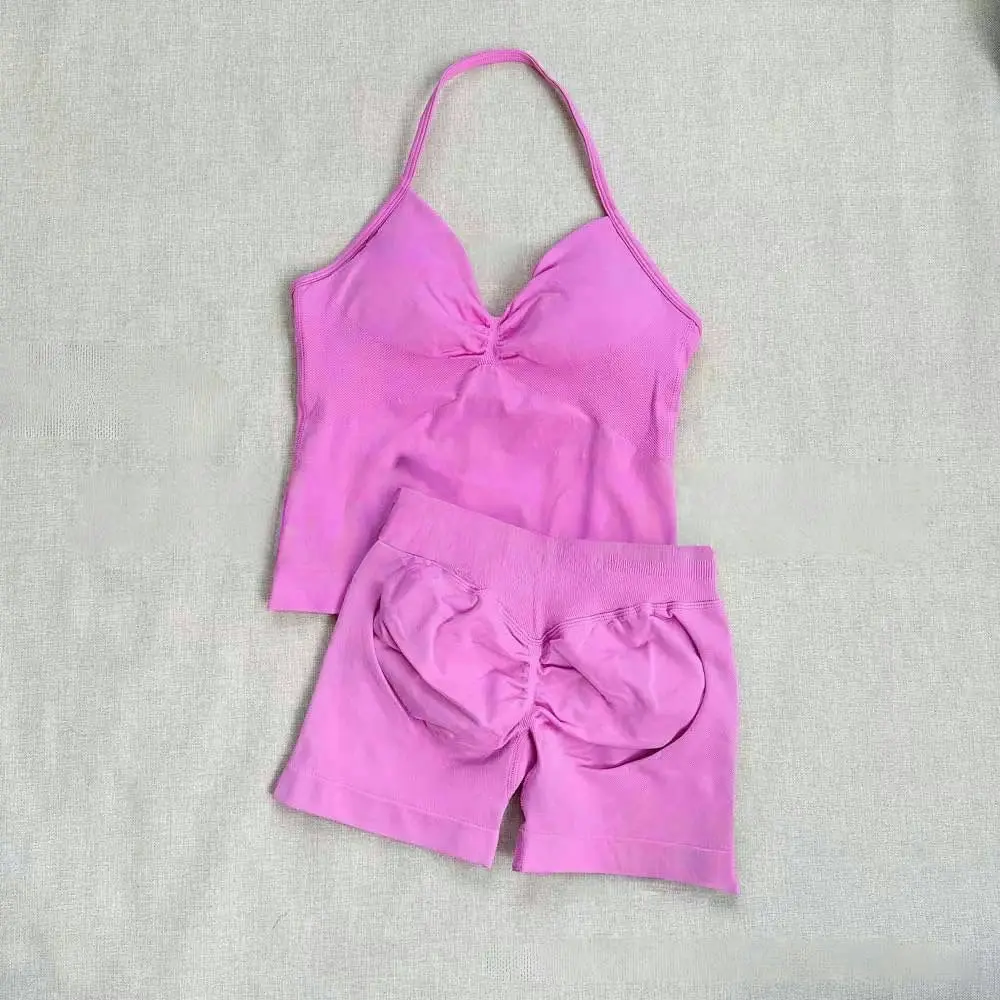Damen Fitnessanzug Kleidung Langarm-Top mit Trägern Nahtlose Laufshorts Sport 2-teiliges Fitness-Set Lauf-Workout-Yoga-Set – Detail 4