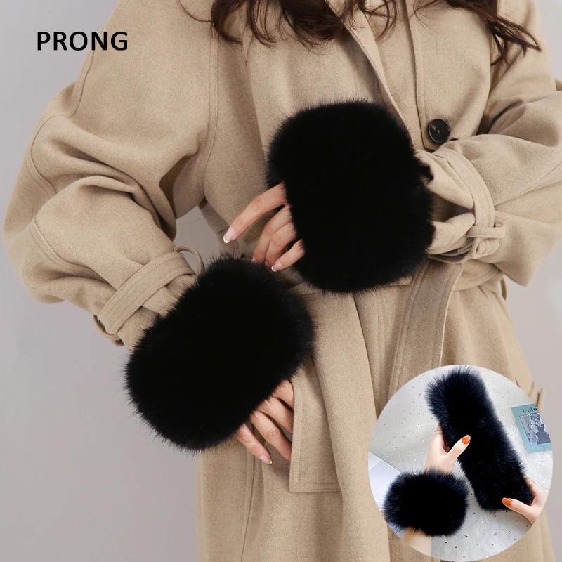 

Natural Fox Fur Cuffs Wrist Arm Warmer Women Jacket Coat Sleeve Fur Triming Ladies Bracelet Real Fur Wristand Glove Snap Ring