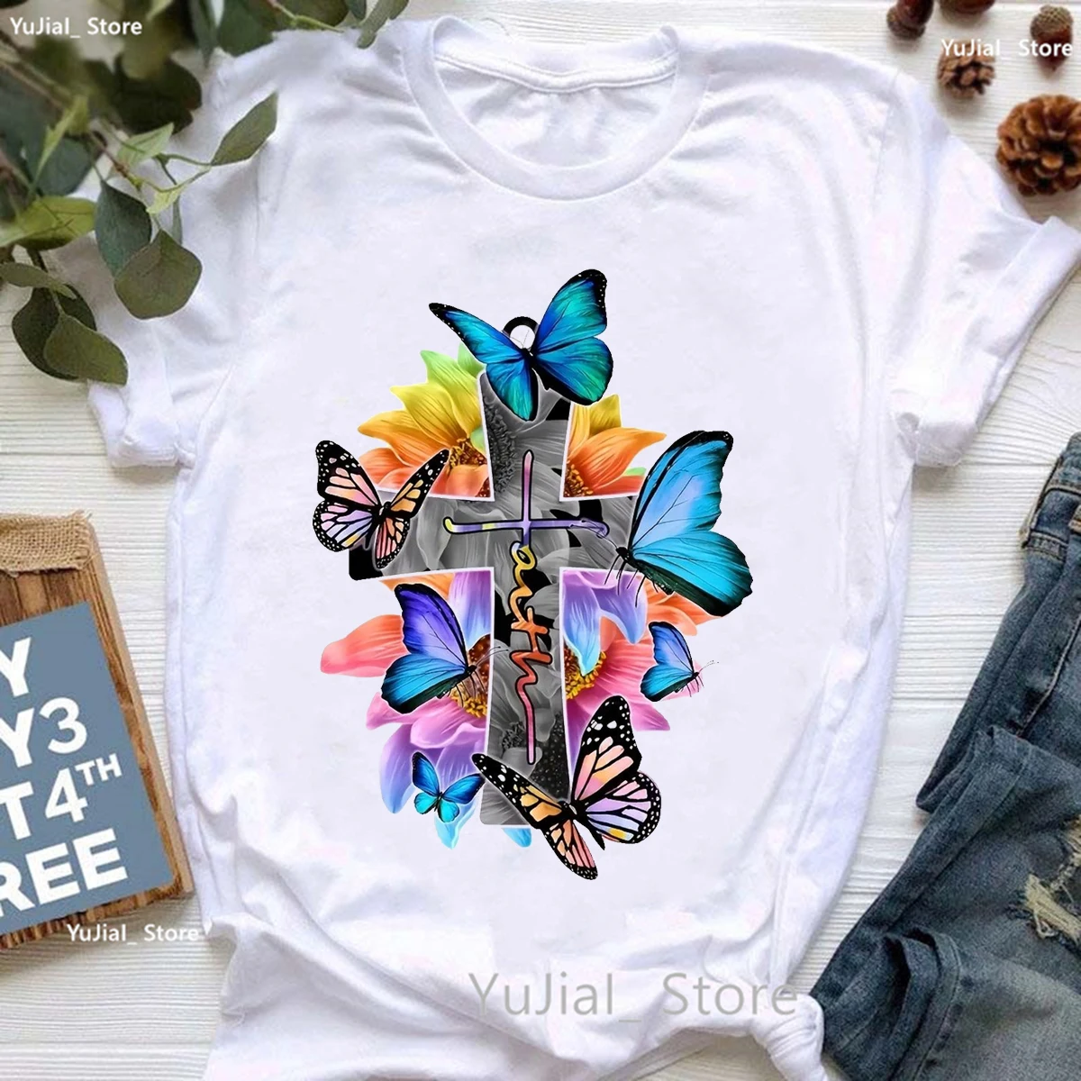 Colorful Faith Jesus Print T Shirt Women'S Clothing Beautiful Butterfly Flowers Tshirt Girls Summer Fashion Tops Tee Shirt Femme