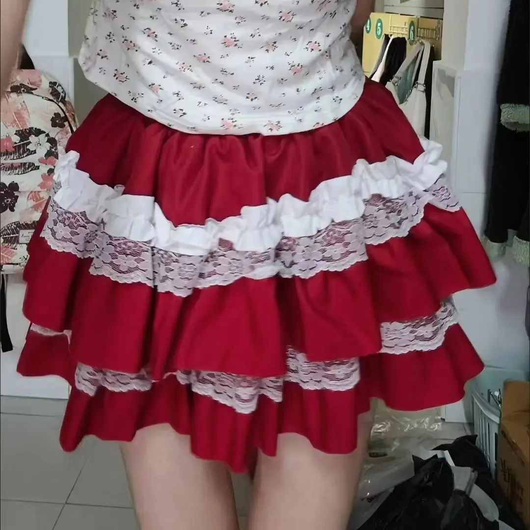 Harajuku Kawaii Sweet Lolita Lace Ruffle Tiered Fluffy High Waist Black White Mini Cake Skirt Women Y2K Streetwear Party Wear