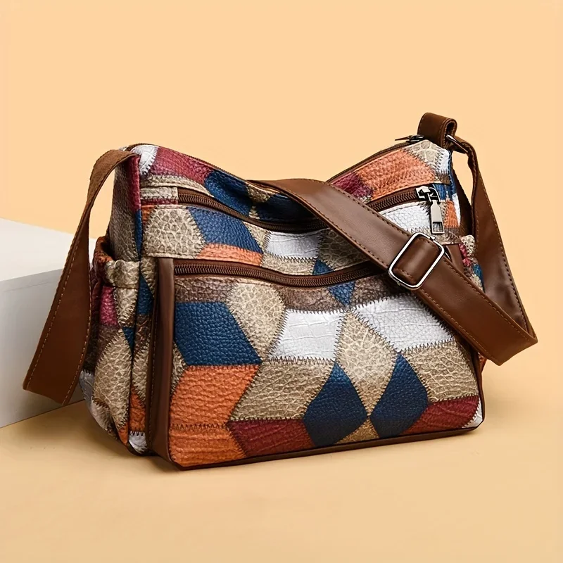 

Patchwork Crossbody Bag for Women, Vintage Style, Color Block Pattern with PU , Multi-Layer Shoulder Purse for Daily Use