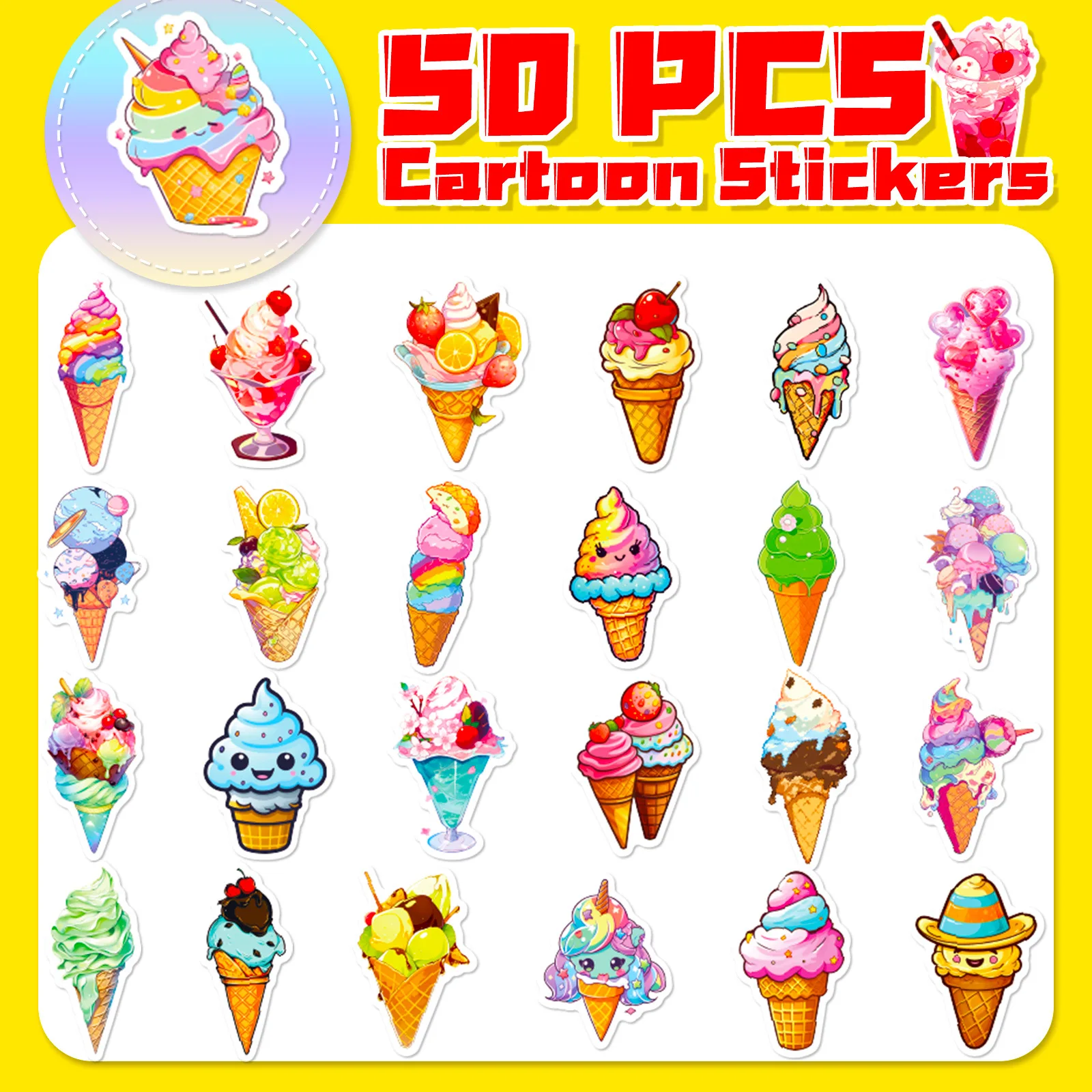 50pcs Colorful Sweet Summer Cone Chocolate Ice Cream Pink Cute Style Graffiti Waterproof Sticker