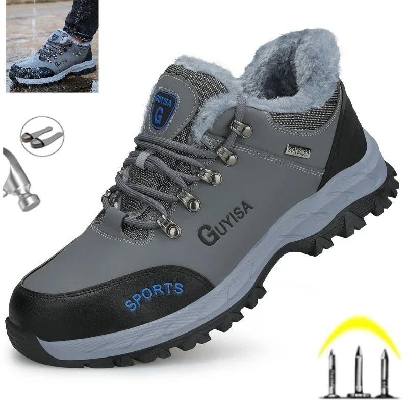 2024 New Winter Plush Safety Work Shoes For Men Waterproof Indestructible Steel Toe Cap Anti Nail Construction Shoes Male Boots