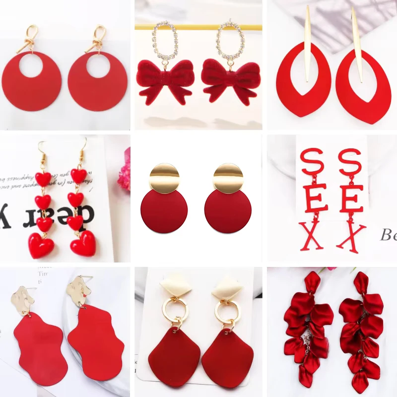 2025 New Red Hanging Earrings for Women Long Flower Heart Pendants Dangle Earrings Irregular Geometry Element Ear Jewelry