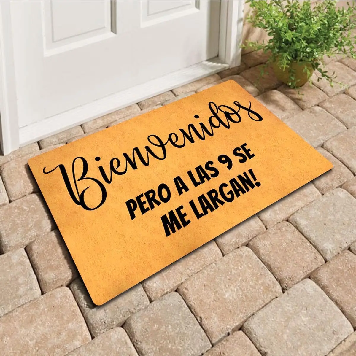 Bienvenidos Pero a Las 9 Se Me Largan Doormat Mat Rubber Back Funny Spanish Welcome Humor Front Door Mat Porch Greeting Rug