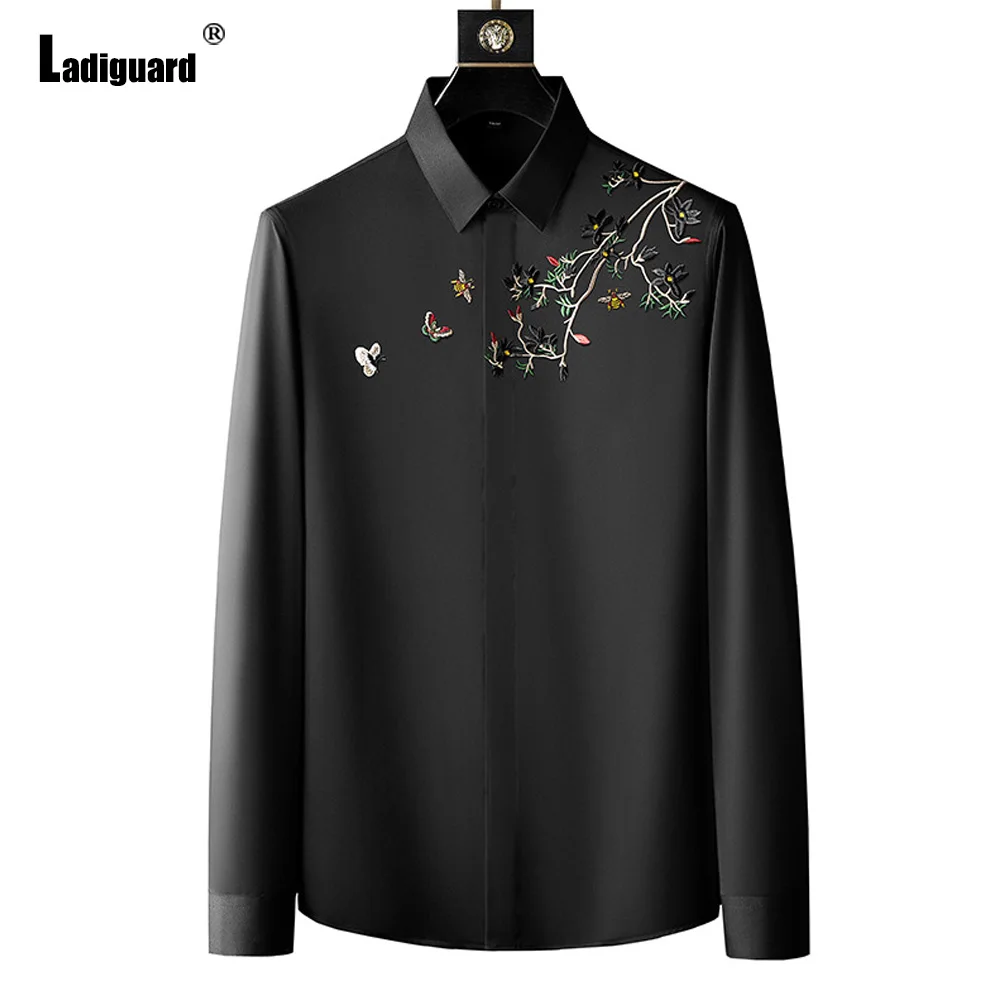 

Ladiguard Plus Size Mens Elegant Flower Print Blouse Lepal Collar Wedding Shirt blusas Homme Ropa Sexy Masculina Camisa Tops