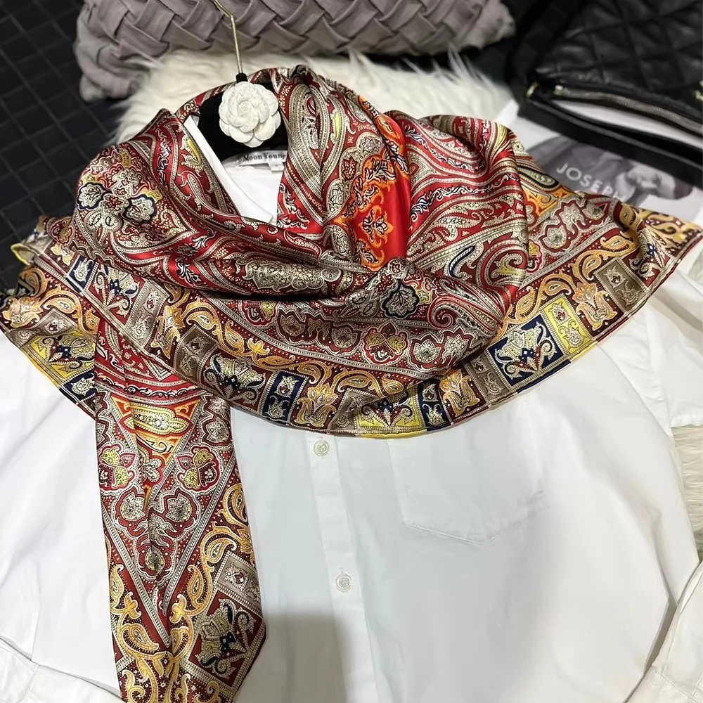 BYSIFA|Red Gold Women Silk Scarf Shawl Fall Winter Plaisley Design Large Square Scarves Hijiabs Fashion Summer Beach Cover-Ups