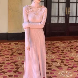 Tender French Design Sense Flower Neck Scarf Knitted Dress Women Autumn New Temperament V-Neck Midi Slim Elegant Bodycon Dress