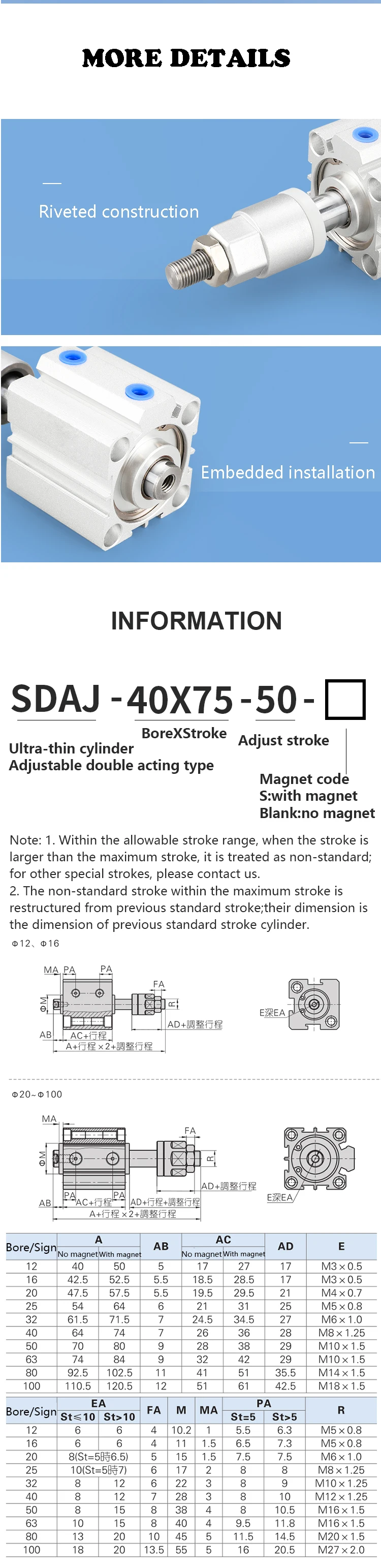 SDAJ Kompakter Luftzylinder mit Einstellbarem Hub – Detail 2