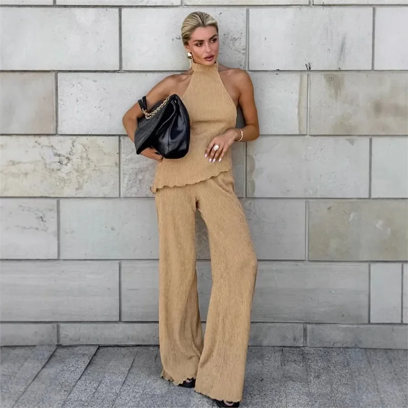 Female 2025 Spring Summer Casual Women's Suit Green Pleated Design Sleeveless Halter Vest Wide-leg Pants Fashion Two-piece Set