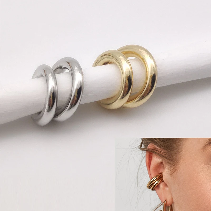 Chunky Round Circle Clip on Earrings for Women Gold Silver Plated Stainless Steel Ear Cuff Hollow Tube Thick Earclips Jewelry