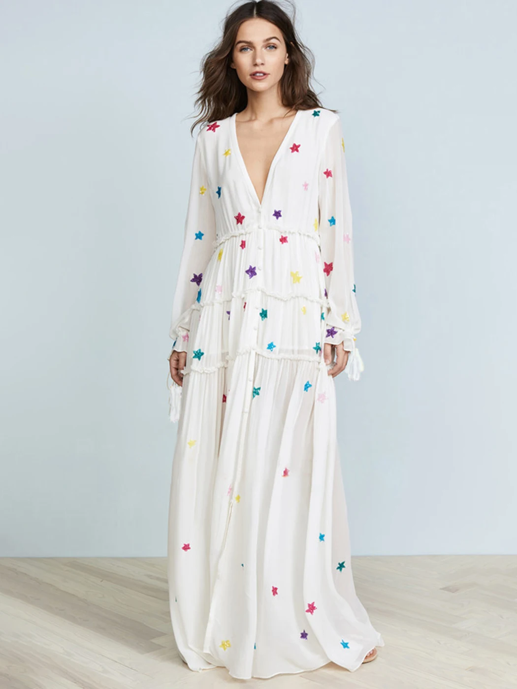 

Jastie Boho Star Embroidered Loose Maxi Dress Women Deep V Neck Long Sleeve Single-breasted Vestido Holiday Beach Casual Dresses