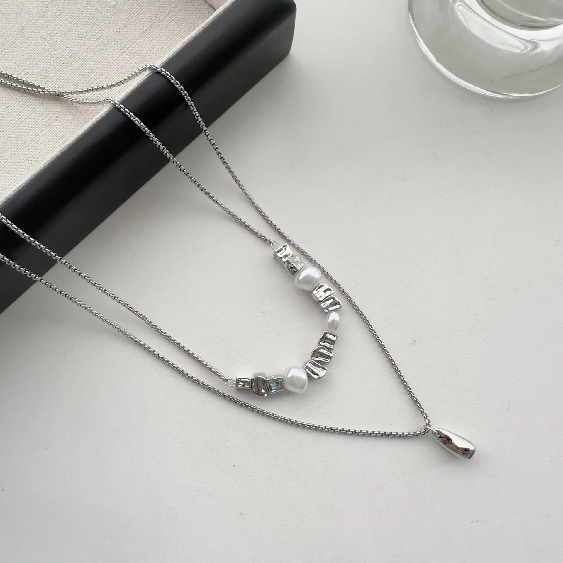 Double Layer Necklace Water Drop Pendant Irregular Geometric Silver Tone Alloy Minimalist Unique Choker Jewelry for Women