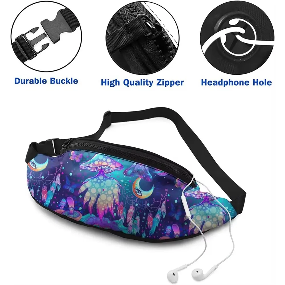 Magic Mushrooms Psychedelic Casual Fanny Waist Pack Adjustable Belt Waist Bag for Traveling Hiking Cycling Running Festival Rave