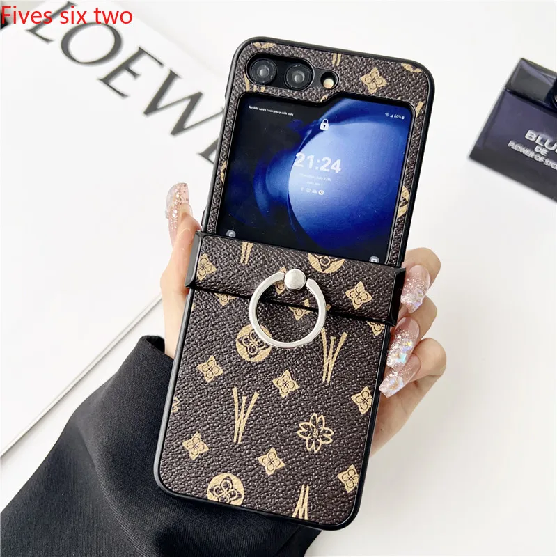 Fashion Retro Leather With Ring Stand Phone Case For Samsung Galaxy Z Flip 3 4 5 6 ZFlip5 Flip5 Flip6 Hard Back Protective Cover