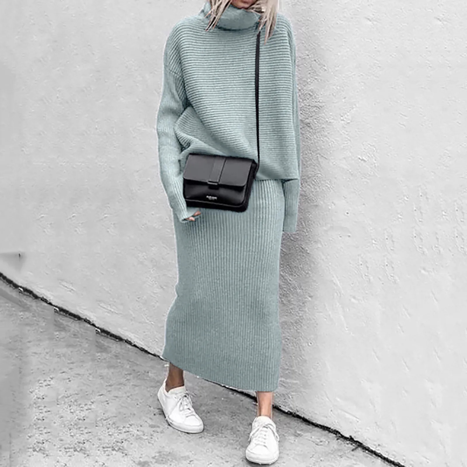 Two Piece Skirt Sets Knit Sweaters Spliced Full Sleeve Turtleneck Long Skirts Suits A Line Matching Set Solid Loose Fit Sports