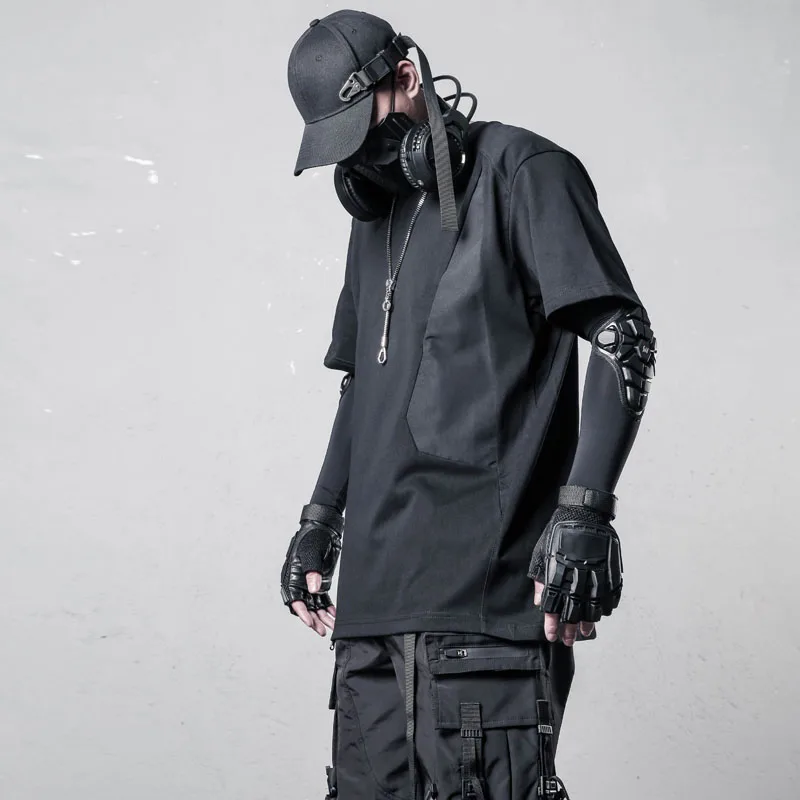 Dark Stitching Design Short-Sleeved T-shirt Men's  Half Sleeve Crew Neck Heavy Techwear  Deconstruction Top