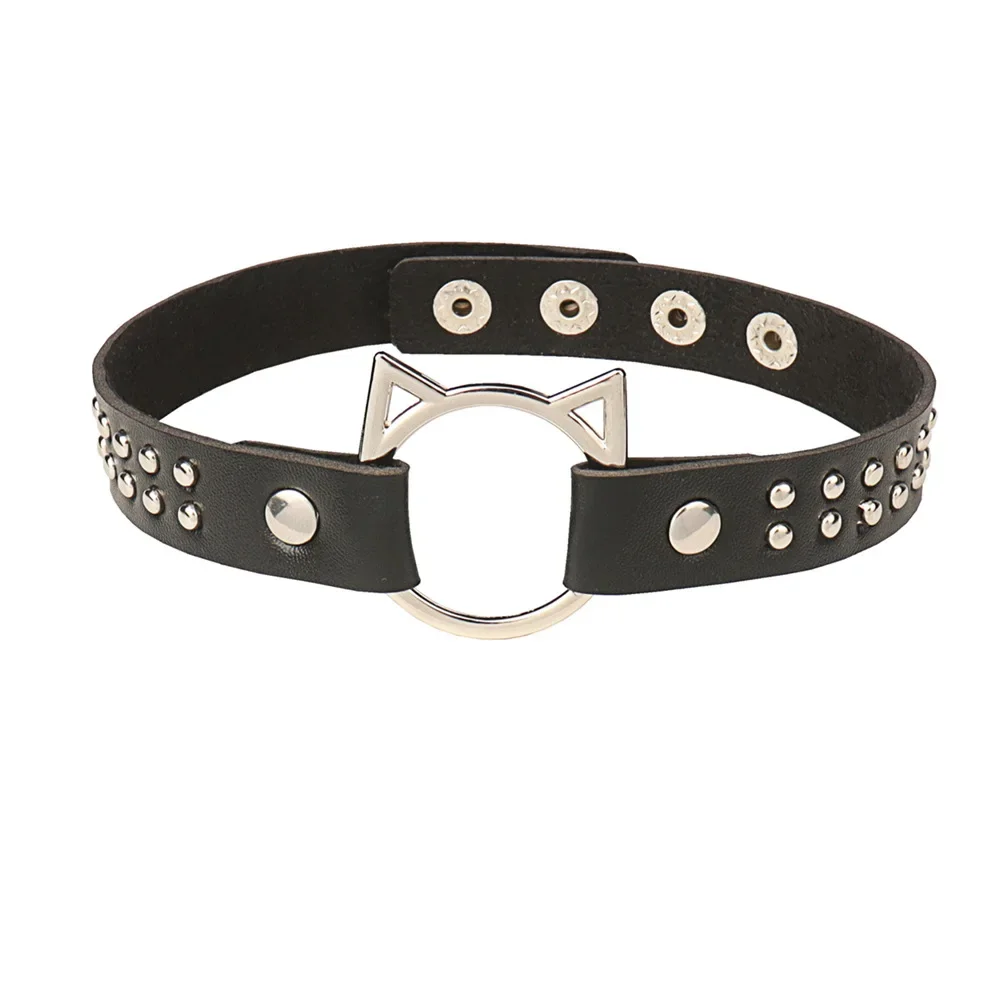Punk Cat's head Retro Gothic Simple Fashionable Individuality Rivet Embed Leather PU Cortex Choker Pendant Collarbone chain