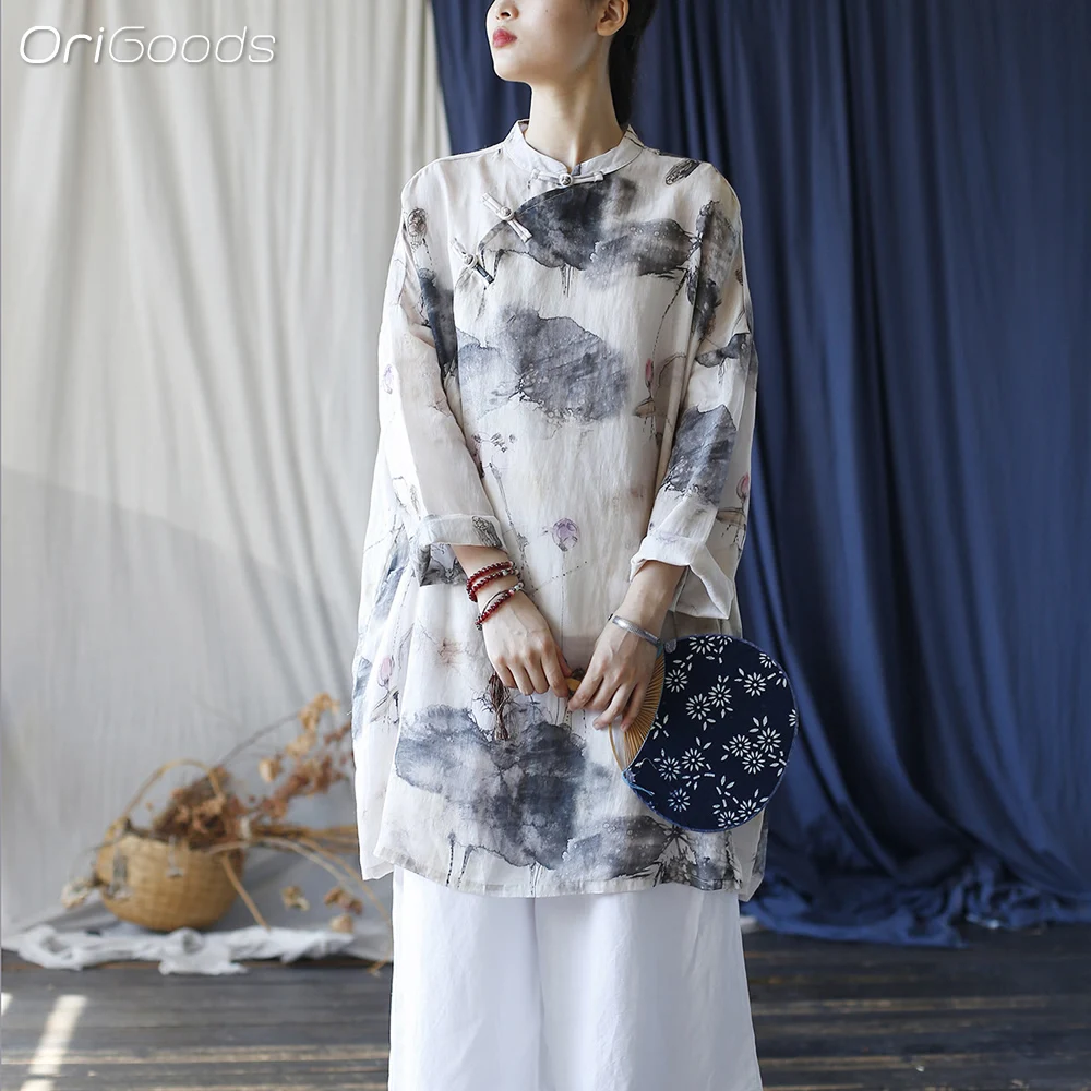 

OriGoods Ramie 100% Long Blouse Women Chinese Style Clothing Printed Oversized Summer Blouse 2025 New Vintage Qipao Tops X026