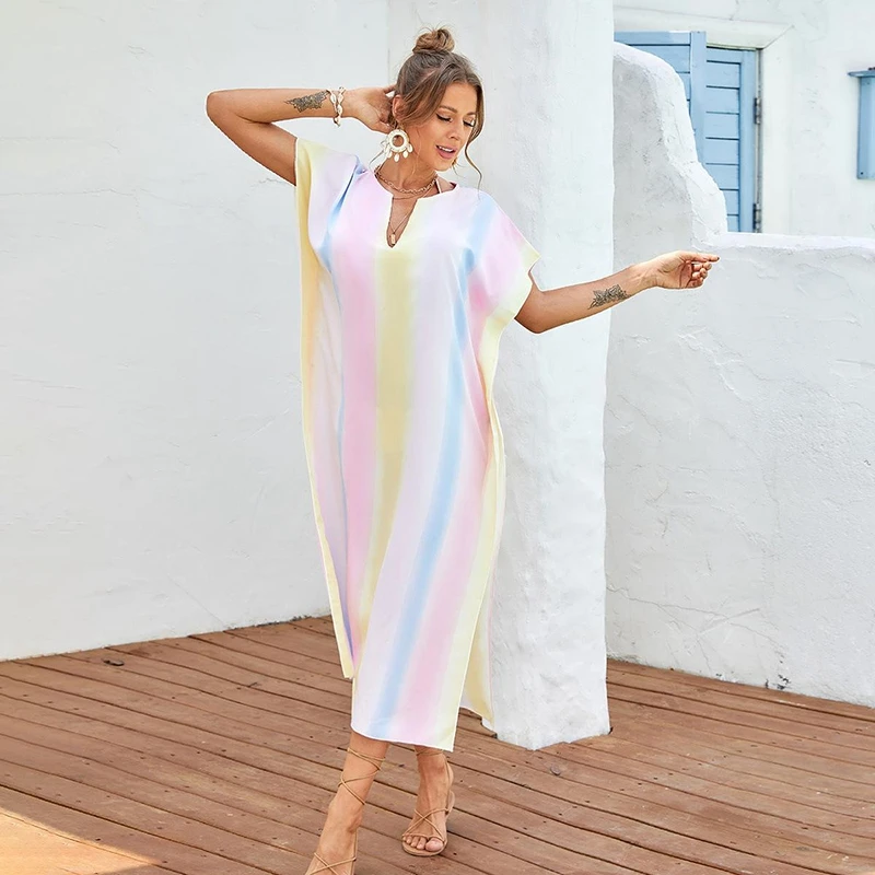 Ice Cream Comfortable Maxi Dress Short Sleeve Laidback Chic Kaftan Summer Effortless Style Beach Cover Ups Pullover Long Robe