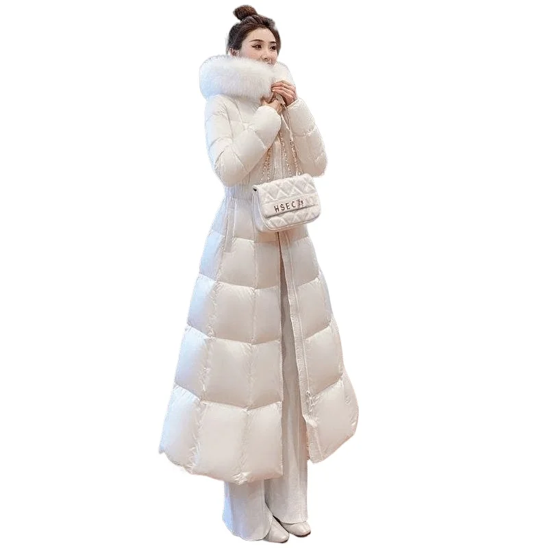 

White Big Fur Collar Down Cotton-padded Clothes Women' Winter New Long Korean Version Popular Padded Jacket Medium and Long Coat