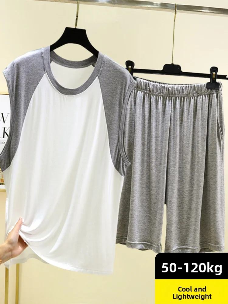 Men's Modal T-shirt Shorts Set Summer Thin Outerwear round Neck Sleeveless Loose Home Clothes Comfortable Breathable Lightweight