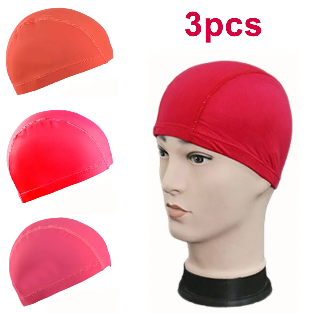 

3pcs New Swimming Cap Men & Women Adults Elastic Waterproof PU Fabric Protect Ears Long Hair Sports Swim Pool Free Size Hat